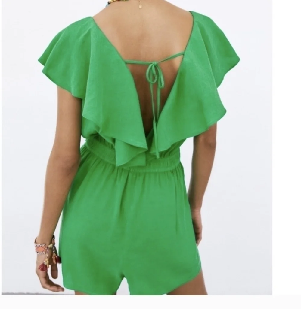 Zara, linen blend green shorts romper, size S